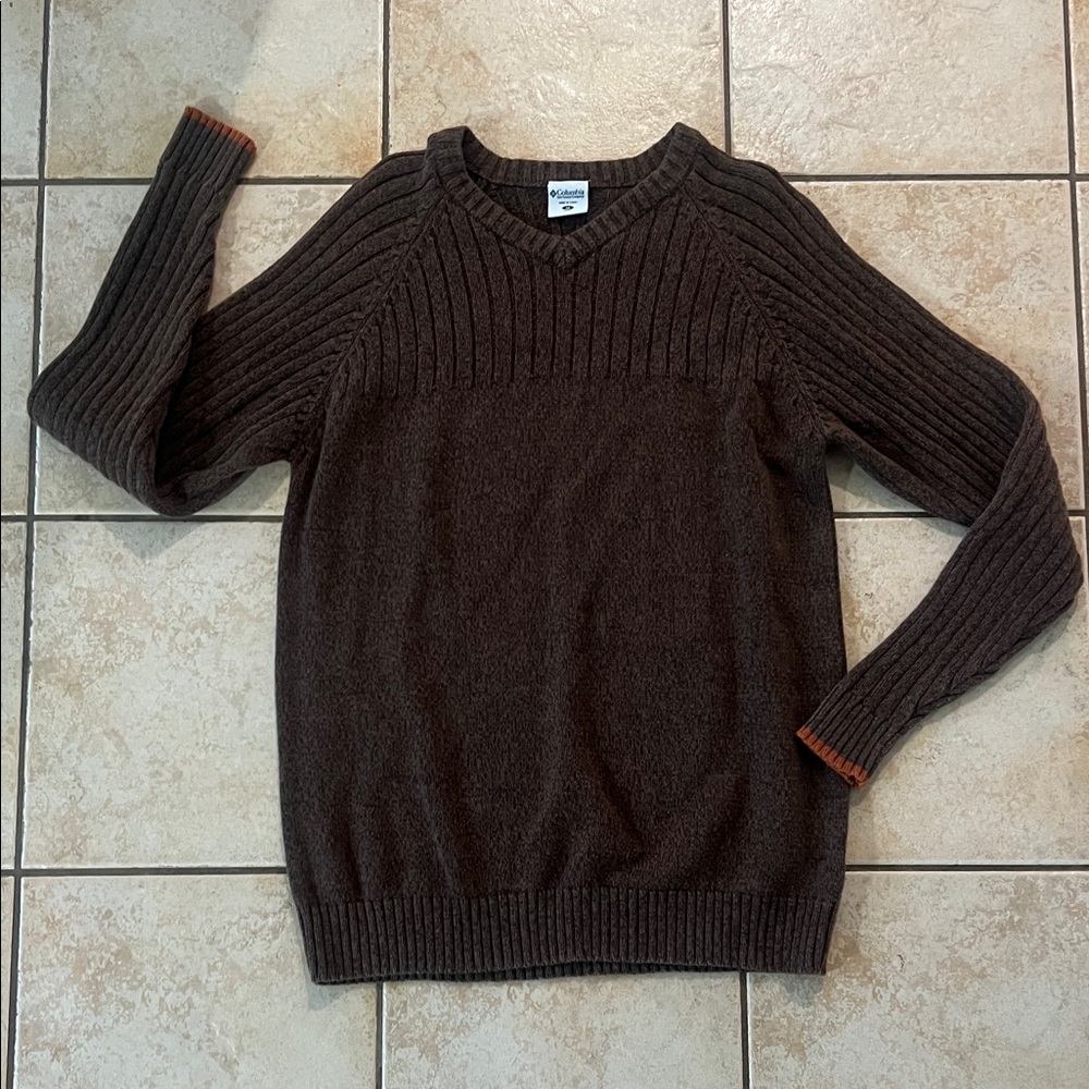 Men's Columbia 100% Cotton Brown Ribbed Detail Sweater Orange Sleeve Trim, Sz M